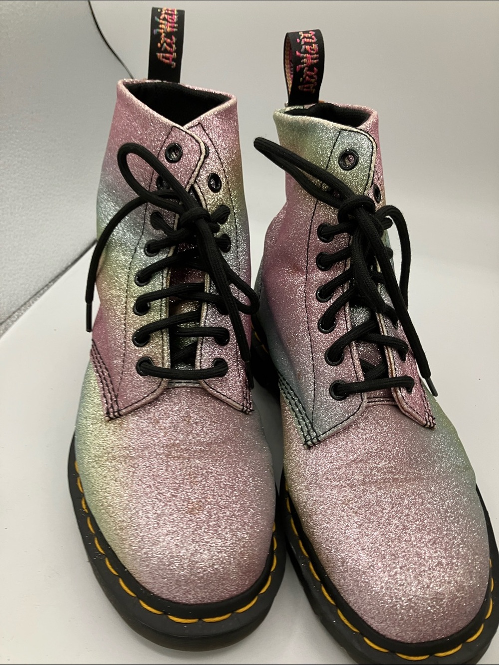 Dr. Martens Iridescent Pink-Green Glitter Lace-Up Boots